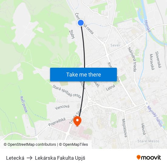 Letecká to Lekárska Fakulta Upjš map