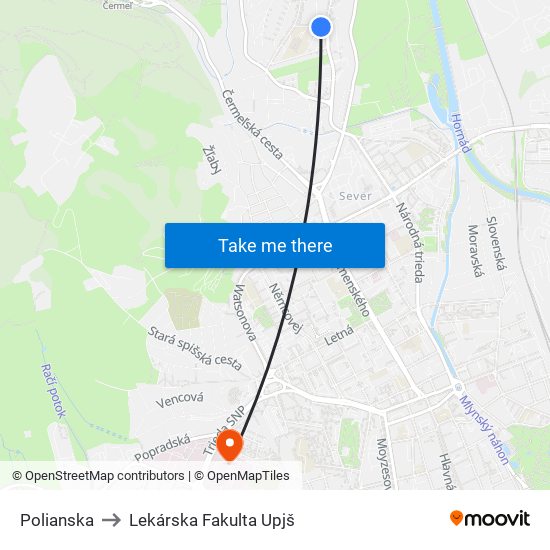 Polianska to Lekárska Fakulta Upjš map