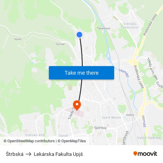 Štrbská to Lekárska Fakulta Upjš map