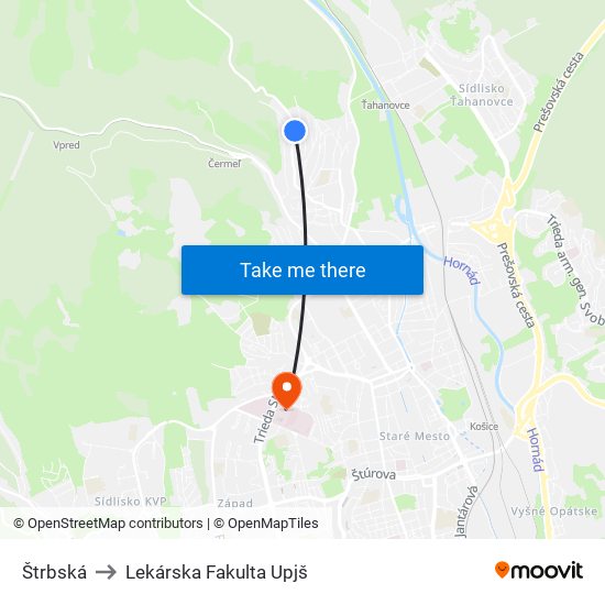 Štrbská to Lekárska Fakulta Upjš map