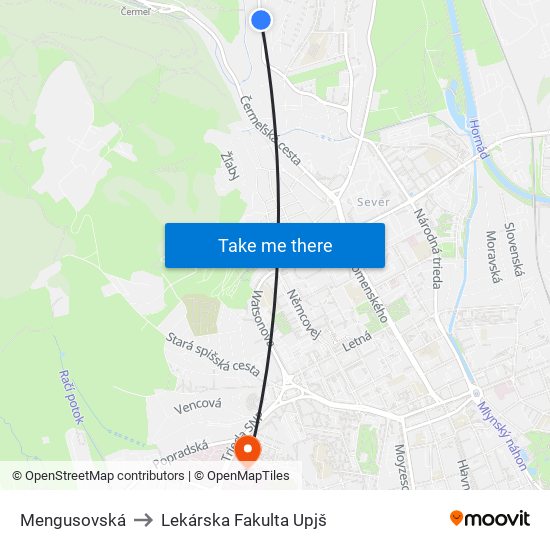 Mengusovská to Lekárska Fakulta Upjš map