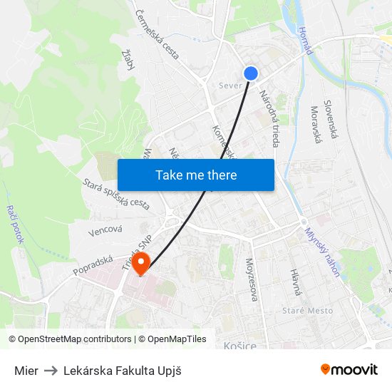 Mier to Lekárska Fakulta Upjš map