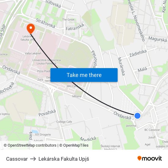 Cassovar to Lekárska Fakulta Upjš map