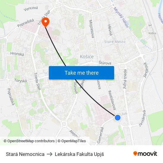 Stará Nemocnica to Lekárska Fakulta Upjš map