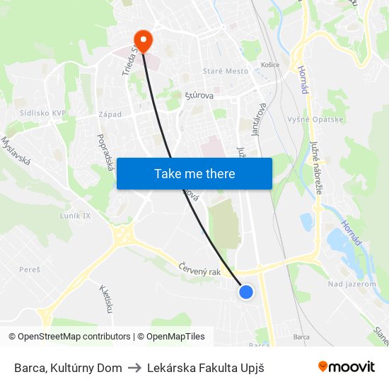 Barca, Kultúrny Dom to Lekárska Fakulta Upjš map