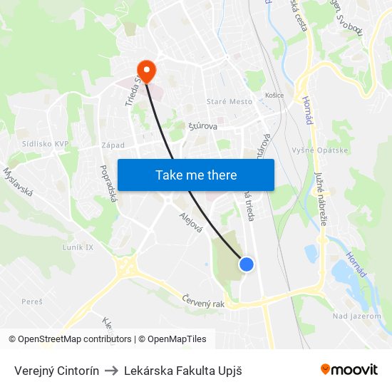 Verejný Cintorín to Lekárska Fakulta Upjš map