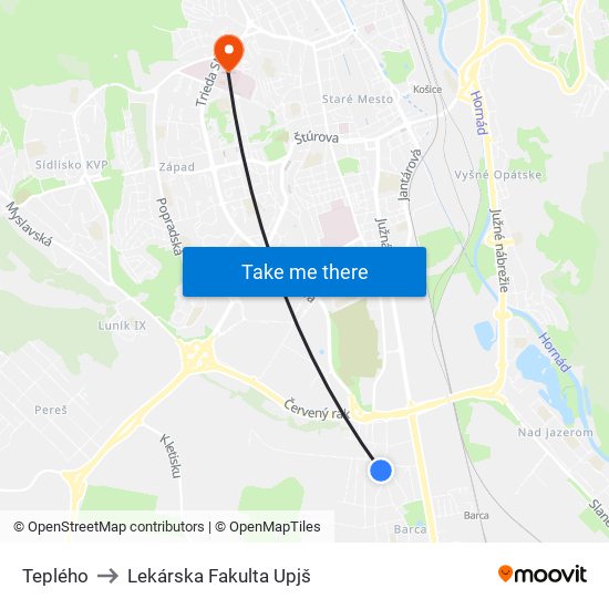 Teplého to Lekárska Fakulta Upjš map