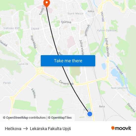 Hečkova to Lekárska Fakulta Upjš map