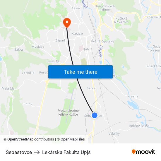 Šebastovce to Lekárska Fakulta Upjš map