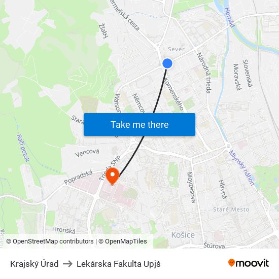 Krajský Úrad to Lekárska Fakulta Upjš map