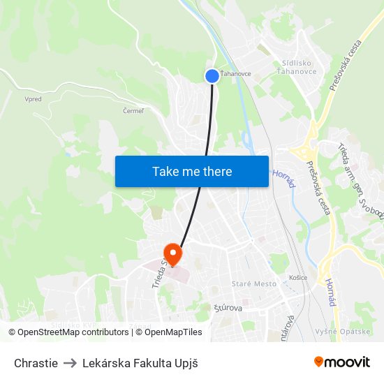 Chrastie to Lekárska Fakulta Upjš map