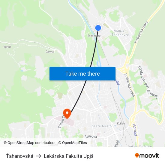 Ťahanovská to Lekárska Fakulta Upjš map