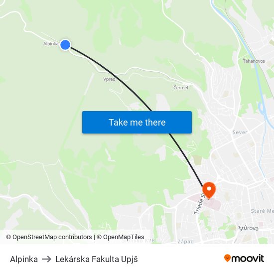 Alpinka to Lekárska Fakulta Upjš map