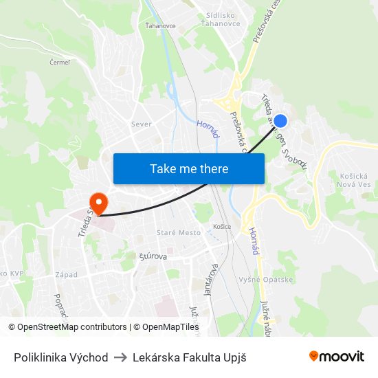 Poliklinika Východ to Lekárska Fakulta Upjš map