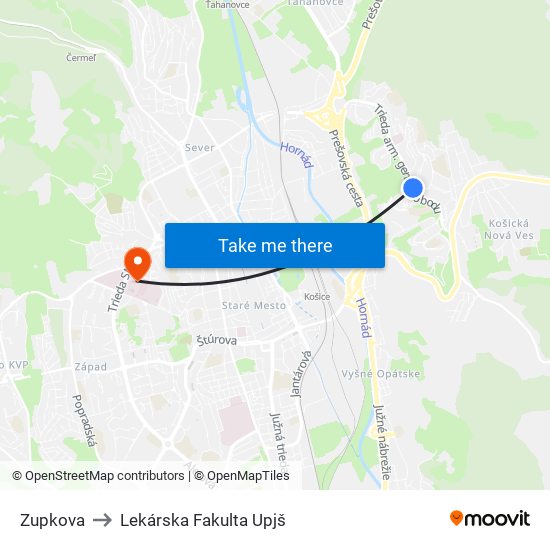 Zupkova to Lekárska Fakulta Upjš map