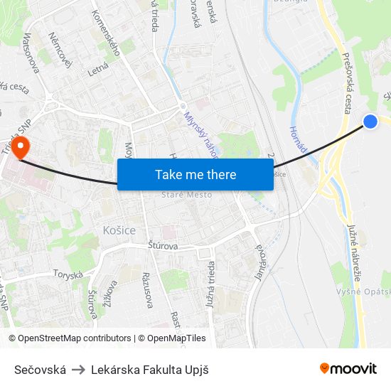 Sečovská to Lekárska Fakulta Upjš map