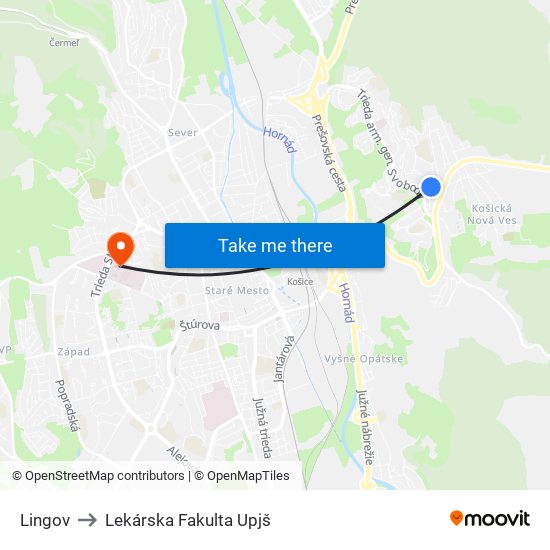 Lingov to Lekárska Fakulta Upjš map