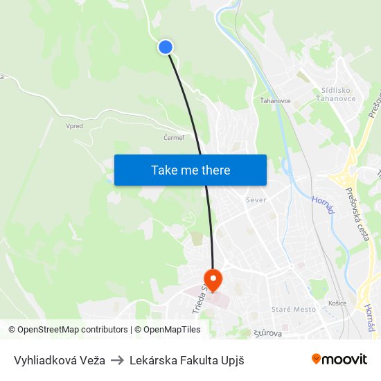 Vyhliadková Veža to Lekárska Fakulta Upjš map