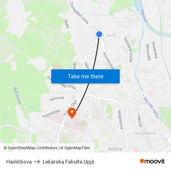 Havlíčkova to Lekárska Fakulta Upjš map