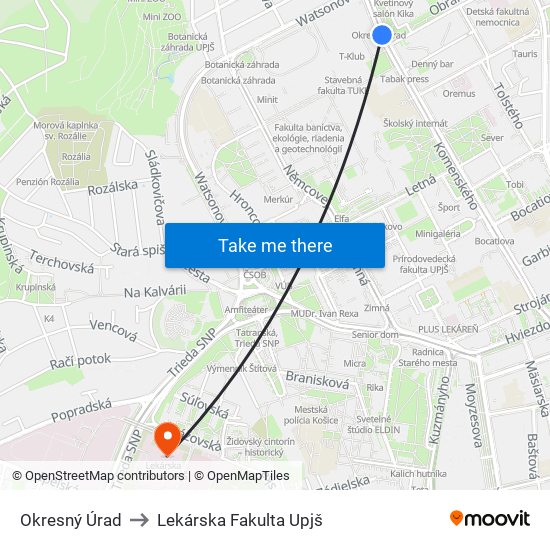 Okresný Úrad to Lekárska Fakulta Upjš map
