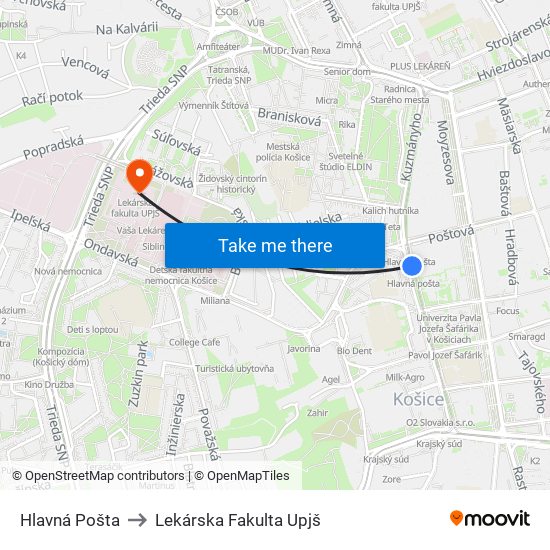 Hlavná Pošta to Lekárska Fakulta Upjš map