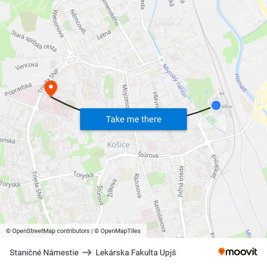 Staničné Námestie to Lekárska Fakulta Upjš map