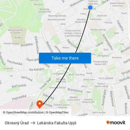 Okresný Úrad to Lekárska Fakulta Upjš map