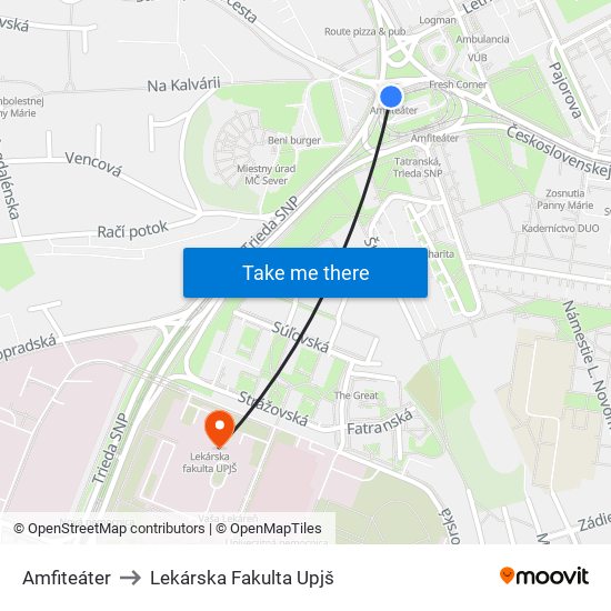 Amfiteáter to Lekárska Fakulta Upjš map