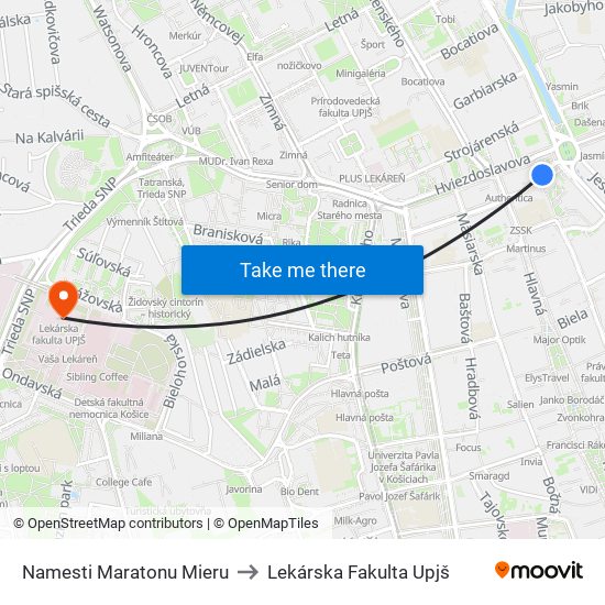 Namesti Maratonu Mieru to Lekárska Fakulta Upjš map