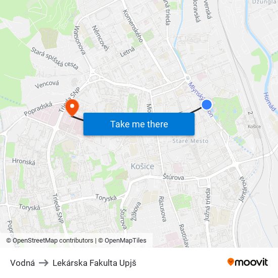 Vodná to Lekárska Fakulta Upjš map