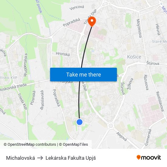 Michalovská to Lekárska Fakulta Upjš map