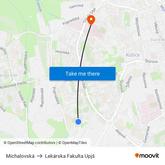 Michalovská to Lekárska Fakulta Upjš map