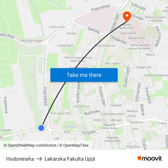 Hodonínska to Lekárska Fakulta Upjš map