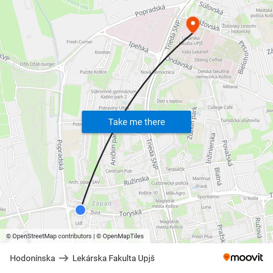 Hodonínska to Lekárska Fakulta Upjš map