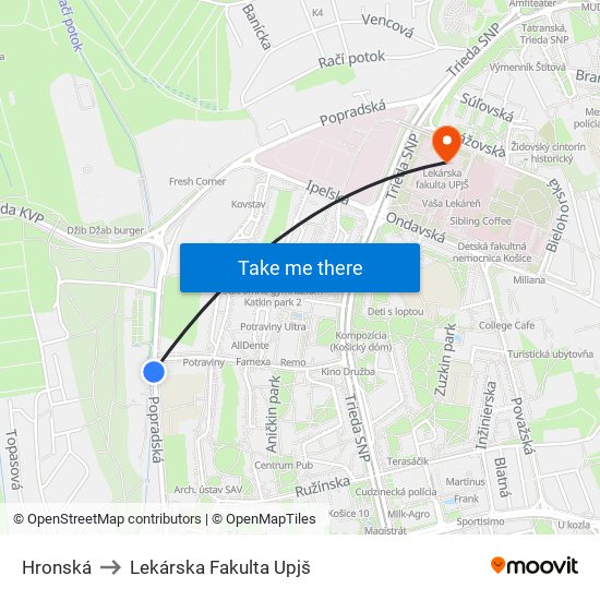 Hronská to Lekárska Fakulta Upjš map