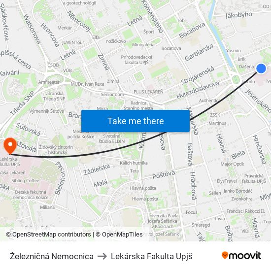 Železničná Nemocnica to Lekárska Fakulta Upjš map