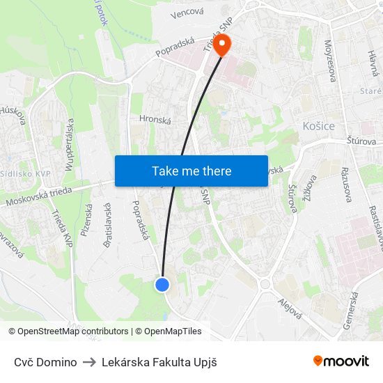 Cvč Domino to Lekárska Fakulta Upjš map