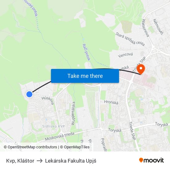 Kvp, Kláštor to Lekárska Fakulta Upjš map