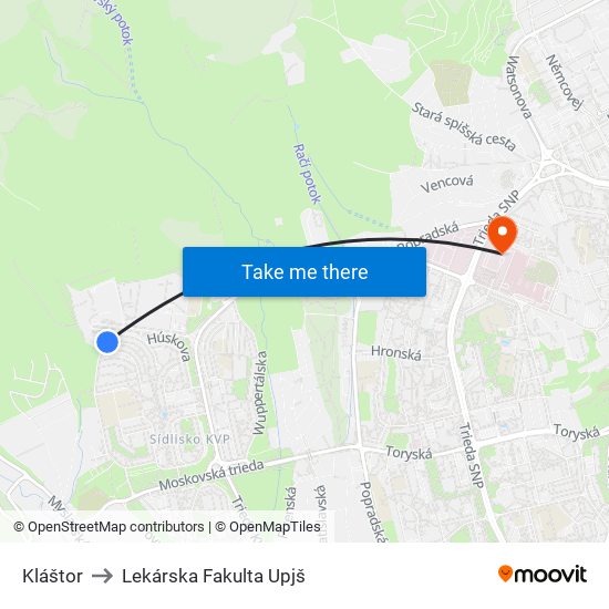 Kláštor to Lekárska Fakulta Upjš map