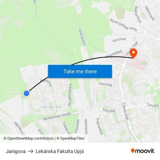 Janigova to Lekárska Fakulta Upjš map