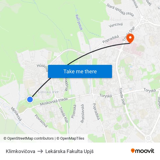 Klimkovičova to Lekárska Fakulta Upjš map