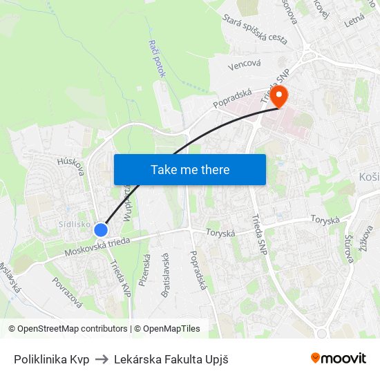 Poliklinika Kvp to Lekárska Fakulta Upjš map