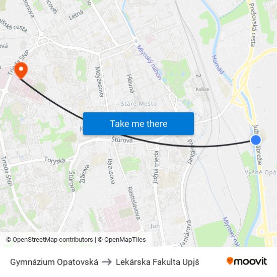 Gymnázium Opatovská to Lekárska Fakulta Upjš map