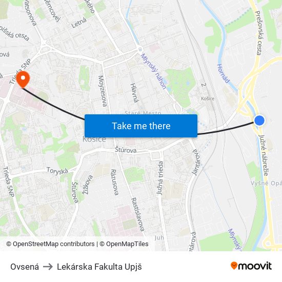 Ovsená to Lekárska Fakulta Upjš map