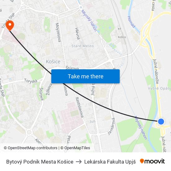 Bytový Podnik Mesta Košice to Lekárska Fakulta Upjš map