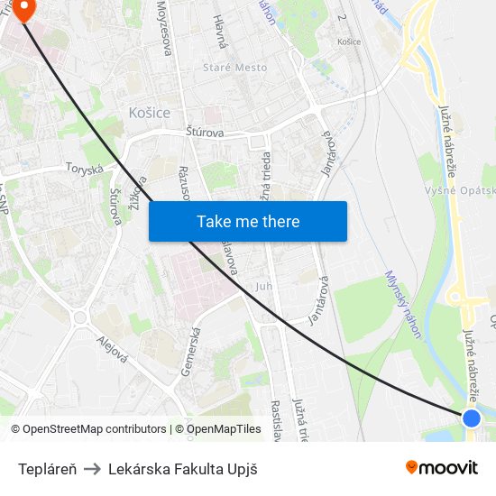 Tepláreň to Lekárska Fakulta Upjš map