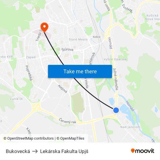 Bukovecká to Lekárska Fakulta Upjš map