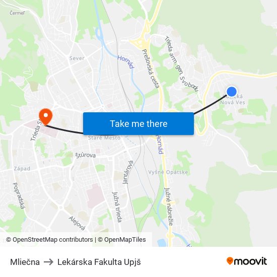 Mliečna to Lekárska Fakulta Upjš map