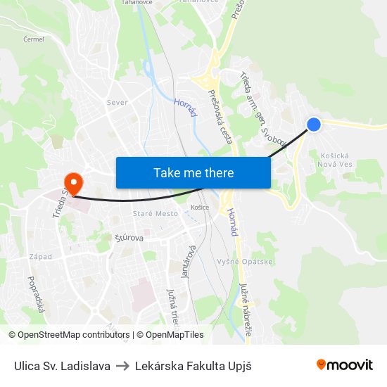 Ulica Sv. Ladislava to Lekárska Fakulta Upjš map