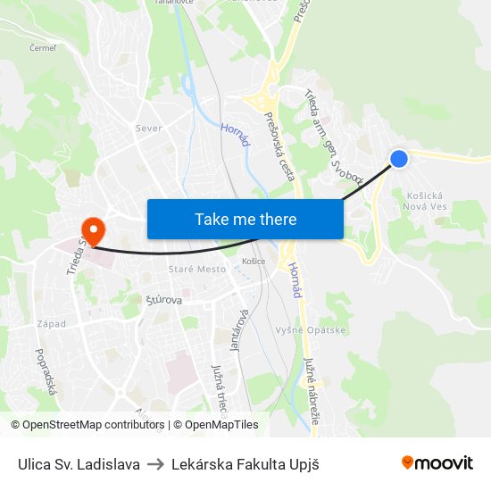 Ulica Sv. Ladislava to Lekárska Fakulta Upjš map